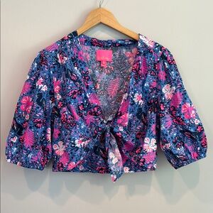 Lilly Pulitzer Blue and Pink Puff Sleeve and Skirt Set